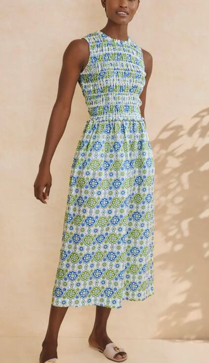 J. McLaughlin Dresses & Skirts - J. McLaughlin Ciri Smocked Sleeveless Midi Dress Linen Cotton Green Blue Print S